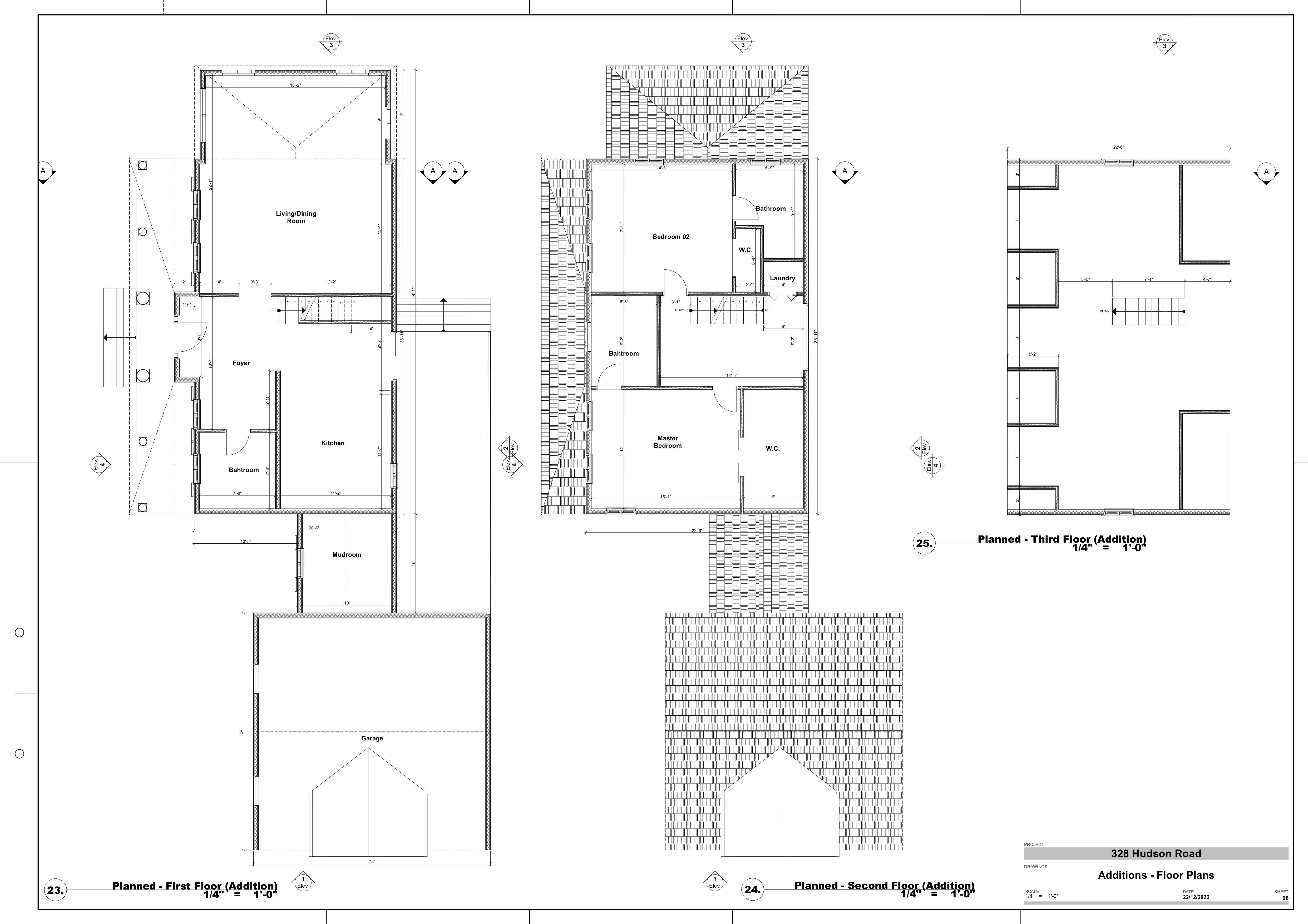 Hudson Road residential renovation featuring architectural floor plans with detailed measurements, multiple room layouts including bedrooms and bathrooms, construction-ready technical drawings in black and white on a light background, showcase of coordinated renovation documentation