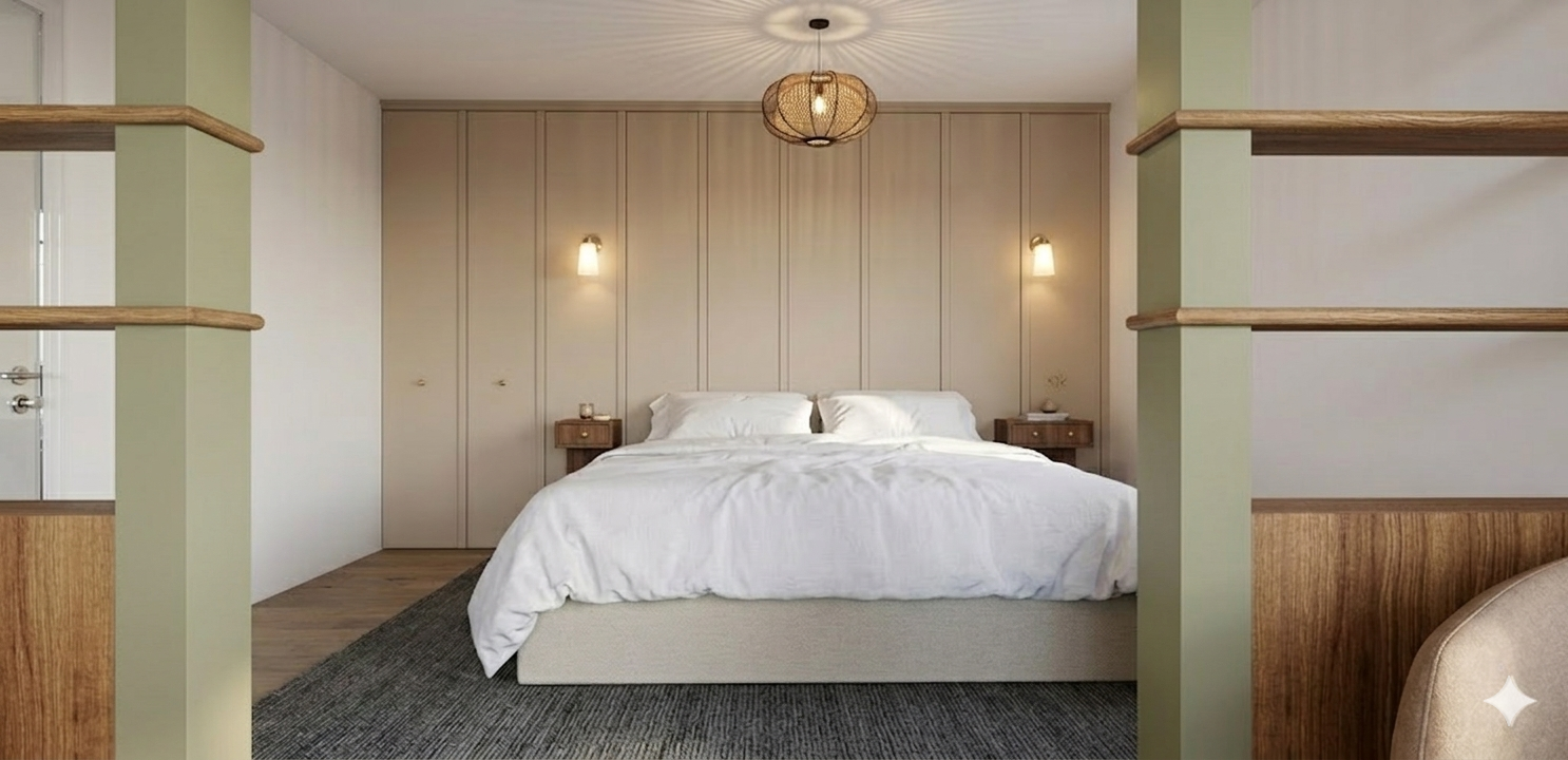 Panorama residential renovation featuring modern interior design with clean lines, neutral color palette, and contemporary furnishings creating a bright, welcoming living space in a residential renovation project